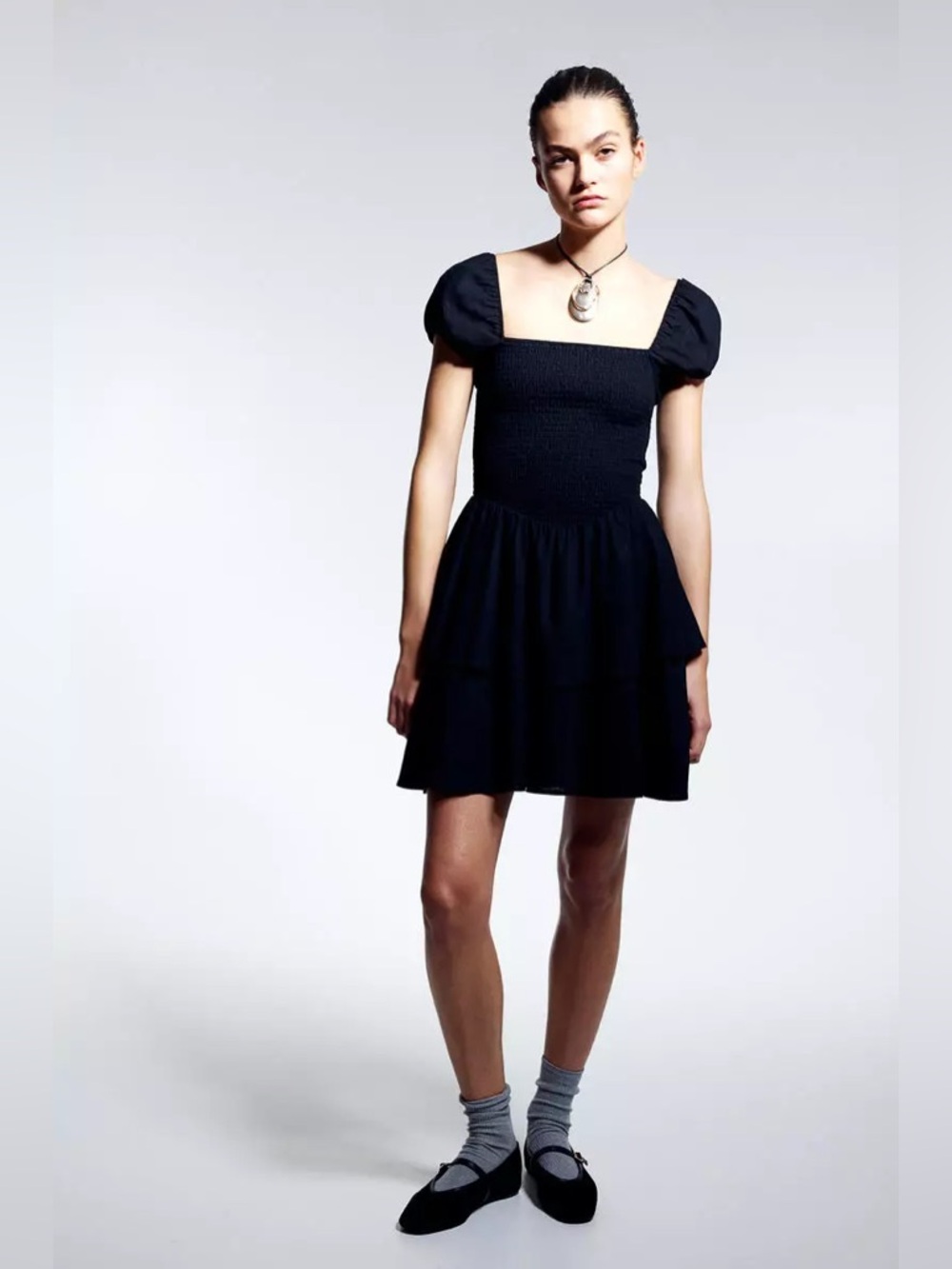 H&M Black Smocked Square-Neck Tiered Mini Dress Size Small NEW